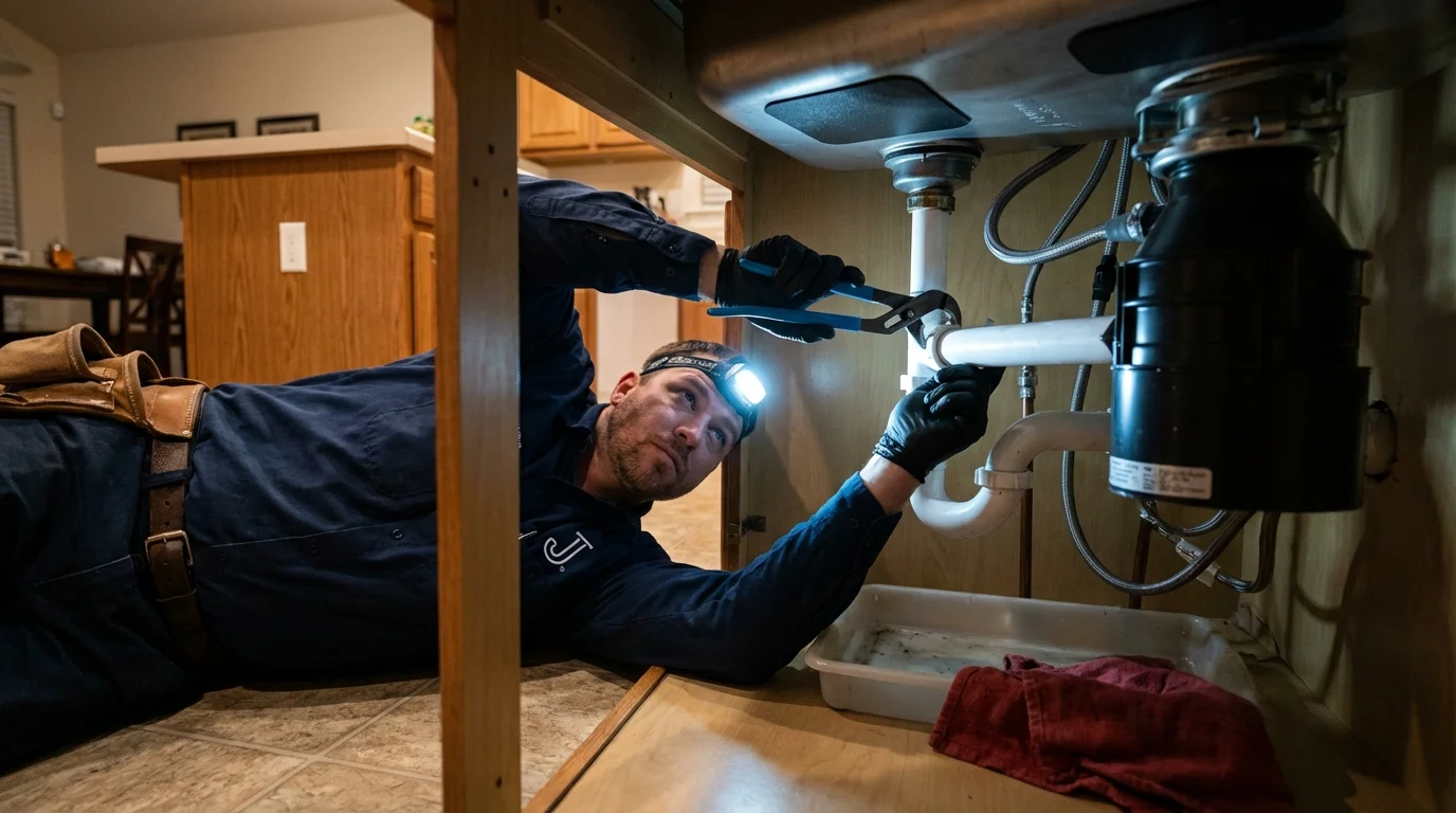 P-trap and supply line connections under a kitchen sink showing a common leak point in Craig, CO